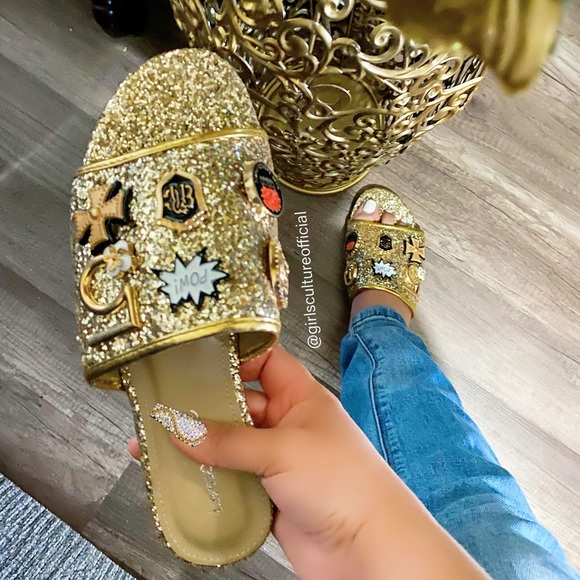 Gold Shimmer Pins Slides Sandal - Picture 3 of 7